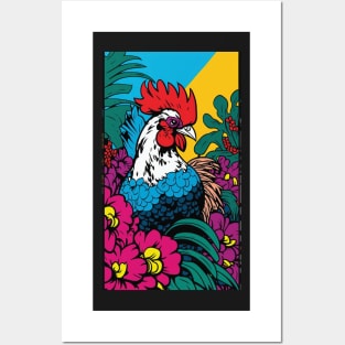 Chicken Rooster Vibrant Tropical Flower Tall Retro Vintage Digital Pop Art Portrait Posters and Art